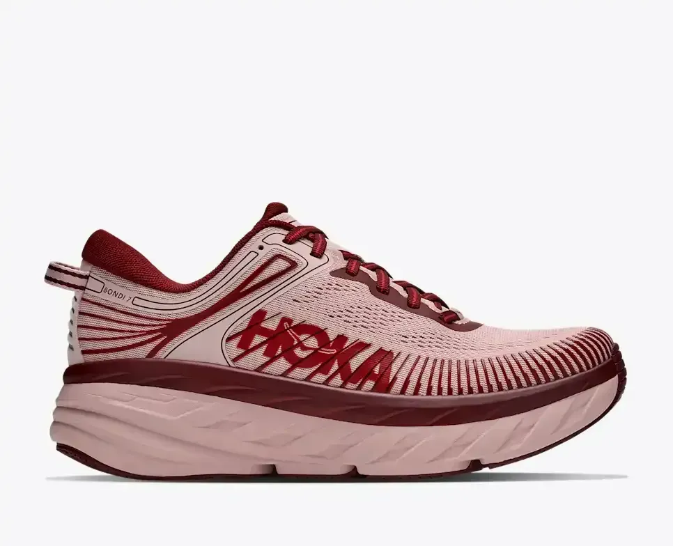 HOKA Bondi 7 Pink Opal Varsity Burgundy Damen Media front view