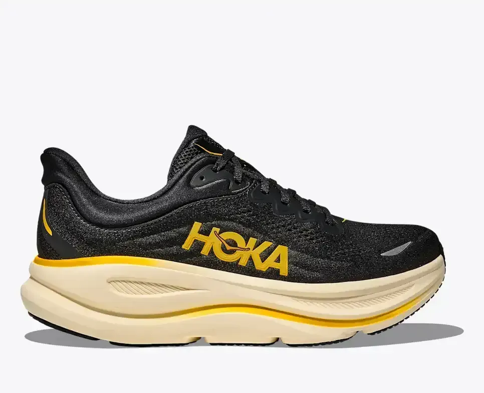 HOKA Bondi 9 Carbon Black Yellow Gold Media front view