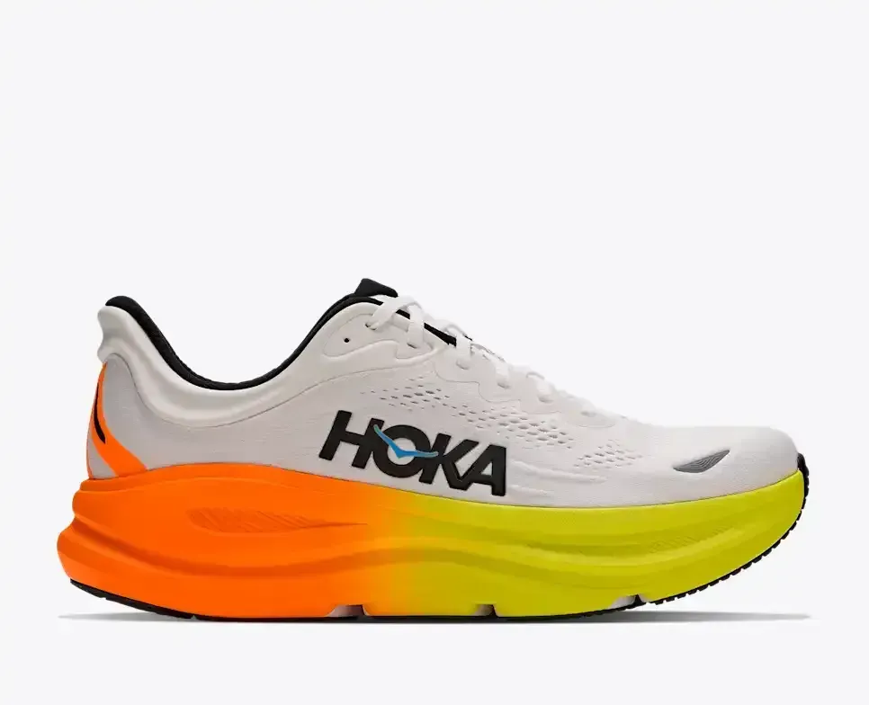 HOKA Bondi 9 Weiß Neon Tangerine Media front view