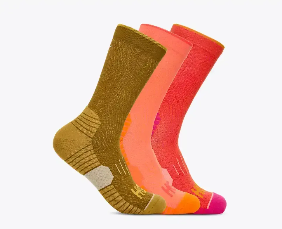 HOKA Crew Run Sock 3-Pack Crwy Seed/Neon Cantlpe/Bell Pepper Media front view