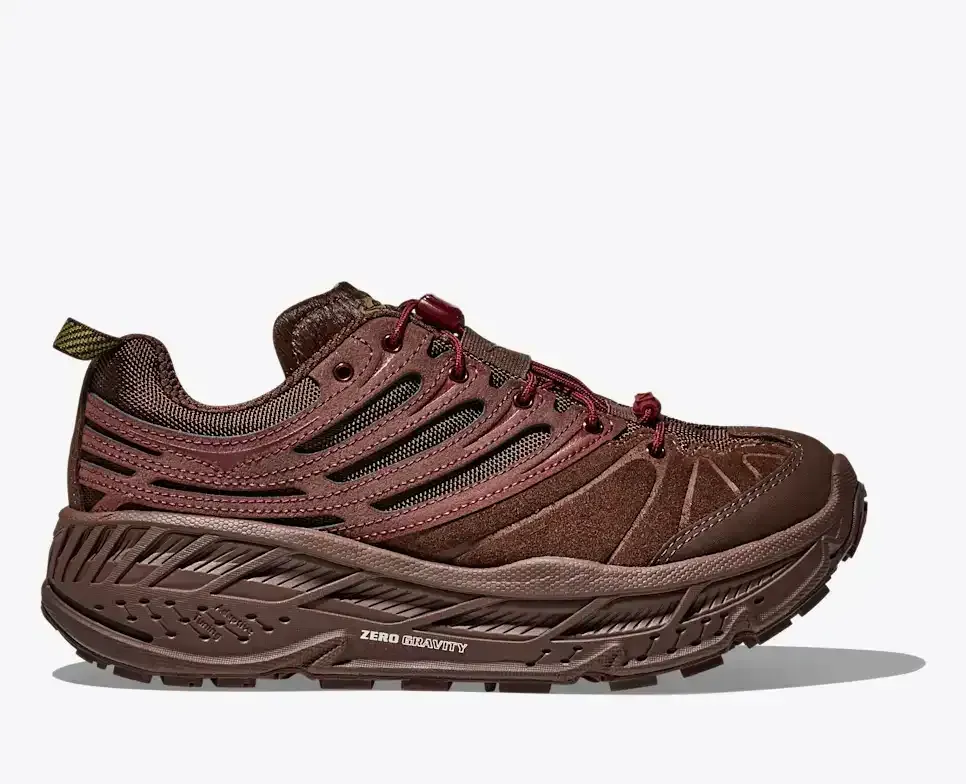 HOKA Elite Terrain System Stinson EVO OG Cold Brew Varsity Burgundy Media front view