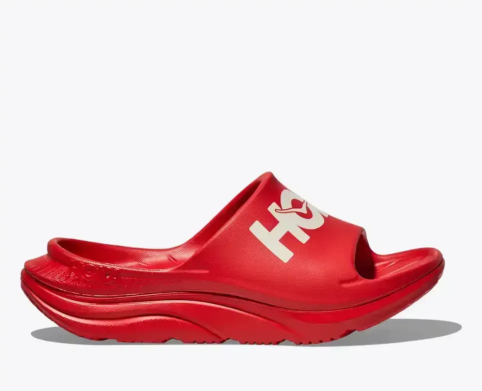 HOKA Ora Athletic Slide Vermillion White Media front view