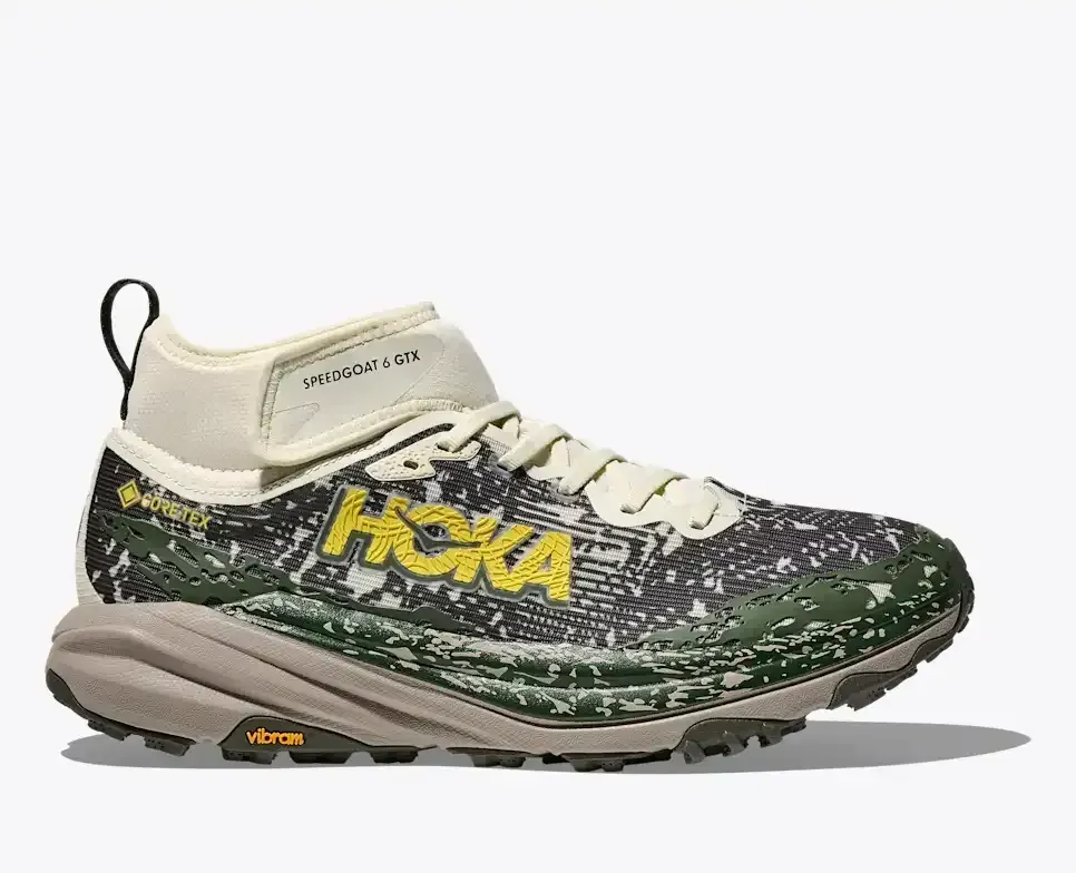 HOKA Speedgoat 6 Mid GORE-TEX Truffle Salt Cement Media front view